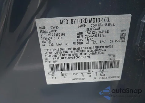 2025 Ford Explorer Active from USA, damaged, VIN 1FMUK7DH0SGC09376